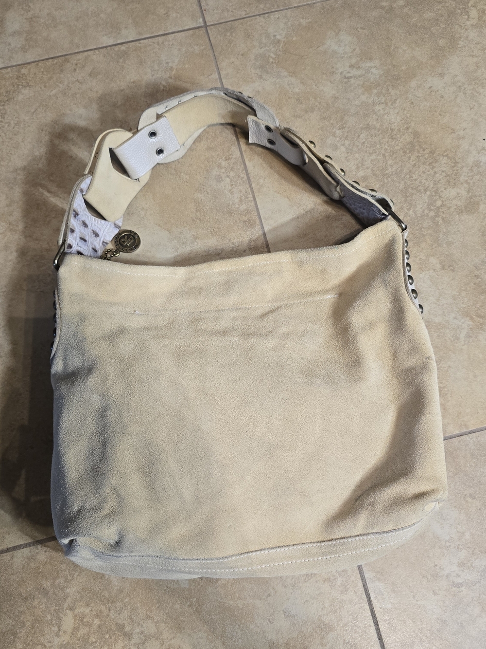 Leatherock Cream Suede Hobo Bag with White Strap Accents